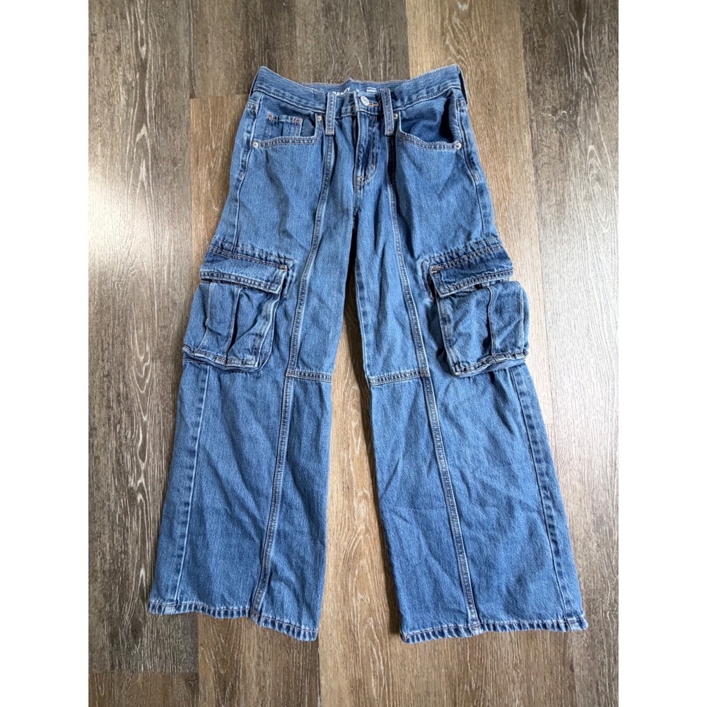 Old Navy Baggy Cargo Jeans Kids Size 10 Blue Denim High Rise Built-In Tough
